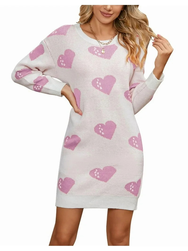 Valentines Day Sweater Dresses for Women Wrap Hip Slim Fit Cute Heart Sweaters Crew Neck Mid-Leng... | Walmart (US)