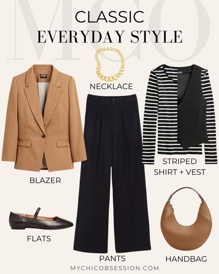 This classic everyday outfit is such a vibe. A camel blazer that goes with everything, paired with some black pants that make your legs look miles long. Finish it off with some cute mary jane flats, a chic brown bag, and a striped shirt layered under a vest. Top it all off with a gold necklace for a hint of shine. This look is comfy, stylish, and perfect for strutting around town.

#LTKSpringSale #LTKSeasonal #LTKstyletip