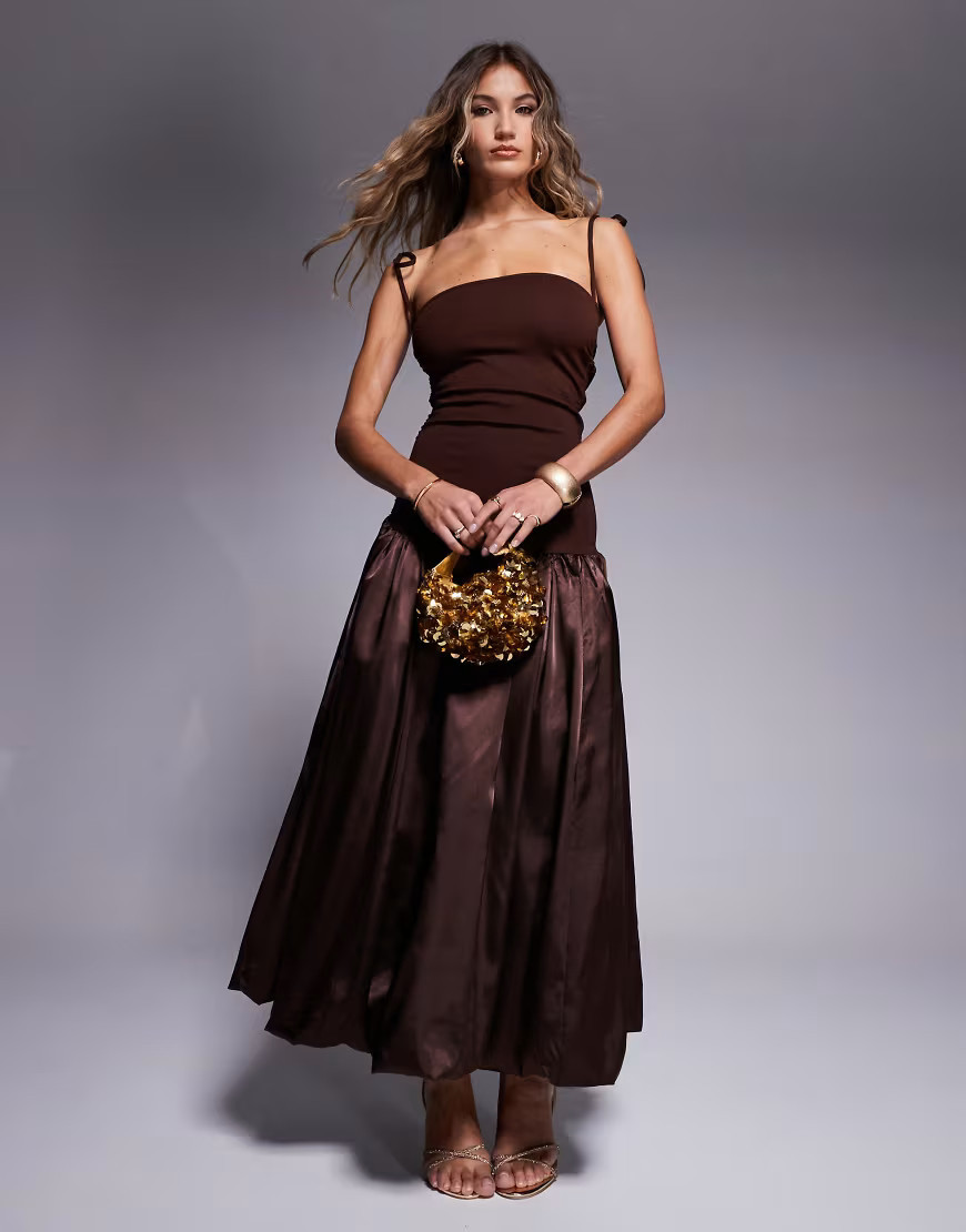 Amy Lynn Alexa tie shoulder satin puffball midi dress in chocolate-Brown | ASOS (Global)