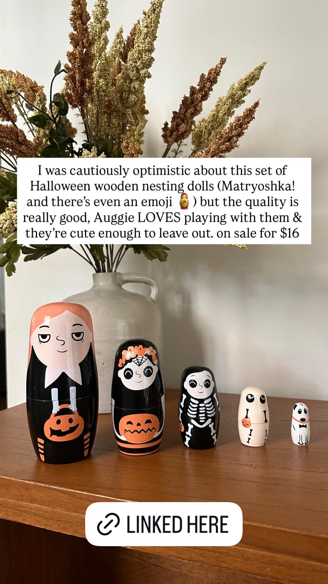 I was cautiously optimistic about this set of Halloween wooden nesting dolls (Matryoshka! and there's even an emoji 🪆) but the quality is really good, Auggie LOVES playing with them & they're cute enough to leave out. on sale for $16

#LTKHome #LTKHalloween #LTKSeasonal