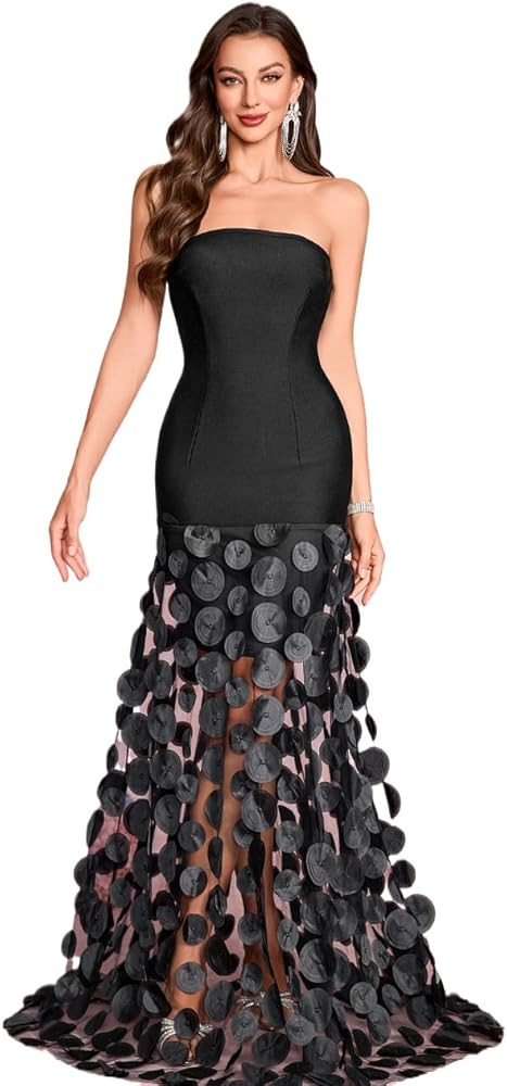 Women's Natural Strapless Dress Bustier Slim Black Top Splicing White Polka Dot Net Yarn Gown | Amazon (US)