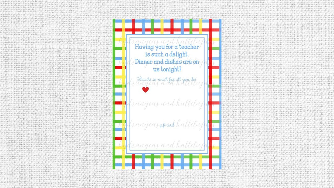 PRINTABLE Dinner and Dishes Plaid Teacher Gift Card Printable | Back to School |  INSTANT DOWNLOA... | Etsy (US)