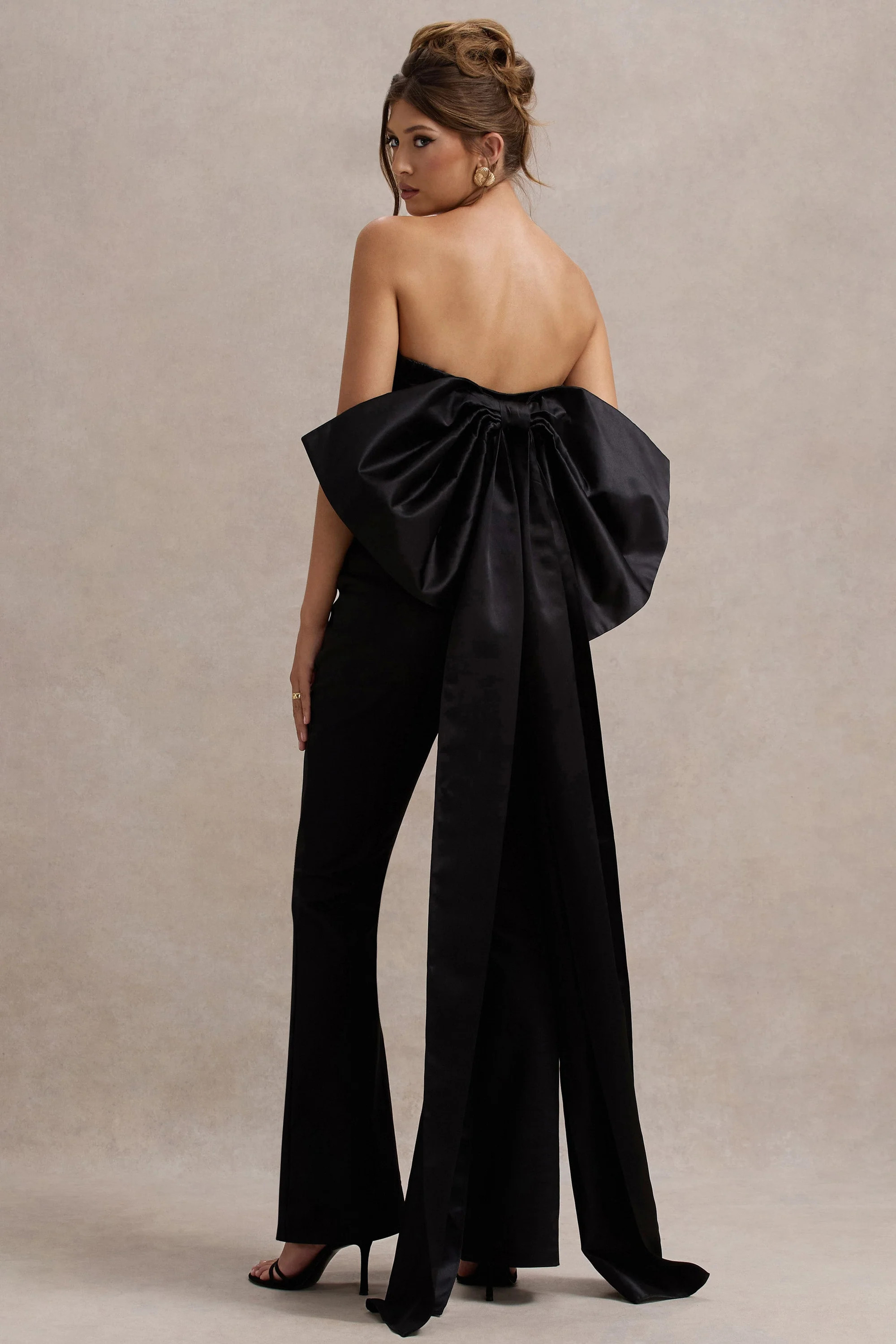 Sweet Escape  Black Satin Crop Top With Oversized Satin Bow | Club L London