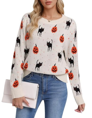 Halloween Spooky Black Cat Pumpkin Crewneck Casual Loose Pullover Sweater | Amazon (US)