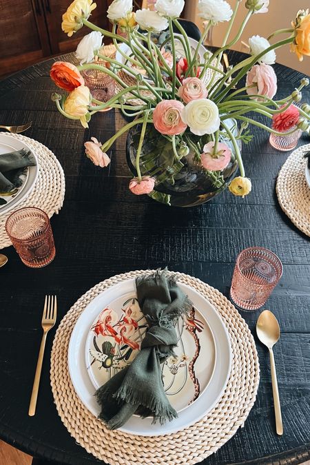 Everything you need for the perfect Spring table!
-
Dinner table decor - place setting -  woven chargers - porcelain plates - floral dessert plates - gold flatware - pink glasses vintage inspired - black dining table - ribbed smoked glass vase - Target - Anthropologie - H&M home - Amazon home - affordable table setting 

#LTKunder50 #LTKunder100 #LTKhome