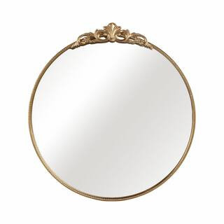 Gold 36 in. W x 38 in. H Modern Fleur Applique Round Metal Framed Mirror | The Home Depot