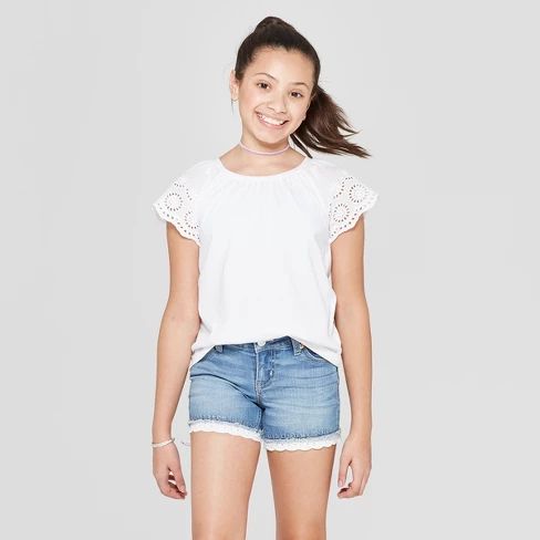 Girls' Short Sleeve Eyelet Sleeve T-Shirt - Cat & Jack™ White | Target
