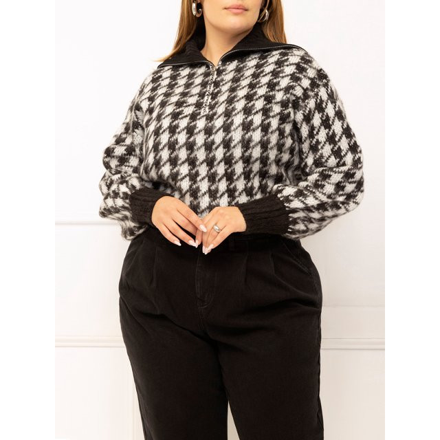 ELOQUII Elements Women's Plus Size 1/3 Zip Houndstooth Sweater, Midweight | Walmart (US)