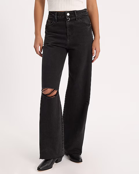 High Waisted Black Wash 50/50 Rigid Stretch Ripped Belted Wide Leg Jeans | Express