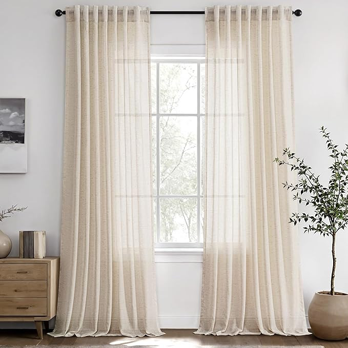 Ivory White Linen Sheer Curtains 102 Inch Length 2 Panels Set Light Filtering Back Tab Rod Pocket... | Amazon (US)