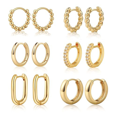 6 Pairs Gold Hoop Earrings for Women,14K Real Gold Plated Chunky Hoop Earrings for Women,Huggie Earrings Hypoallergenic Thick Lightweight Earrings for Women's Gifts | Amazon (US)