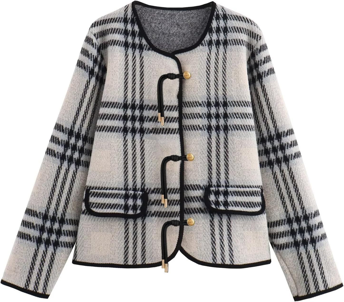 HOULENGS Women's Vintage Plaid Cardigan Sweaters Button Down Knit Jackets | Amazon (US)