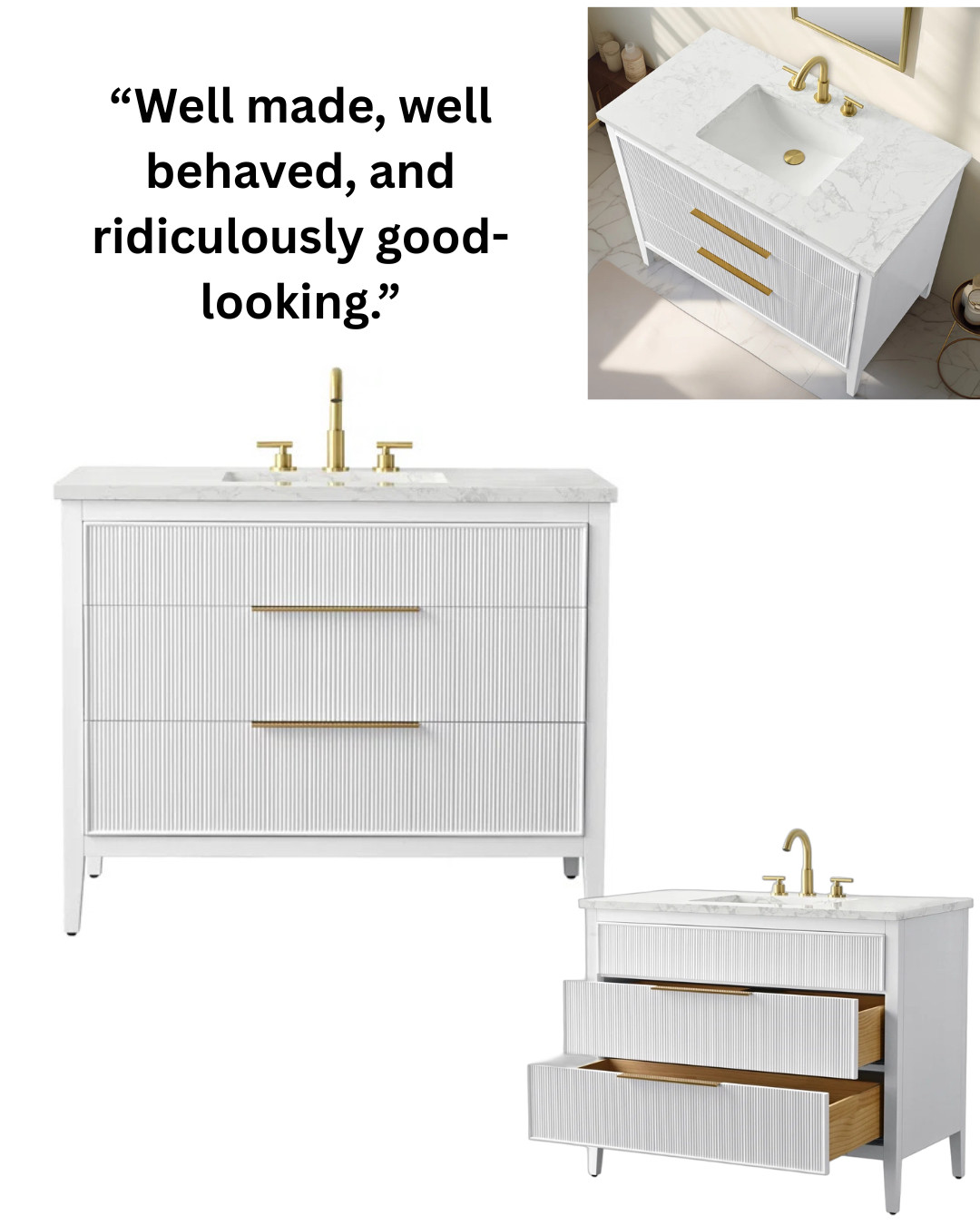 This well made vanity with dove tailed drawers comes as you see it, fully assemble.... you just need to buy the tap. 

Bathroom vanity l white vanity l wayfairhome l designer bathrooms l designer ideas l designer recommendations l design coach l renovation ideas l amazon finds l amazon must haves l  

 #LTKhome #LTKstyletip #LTKfamily