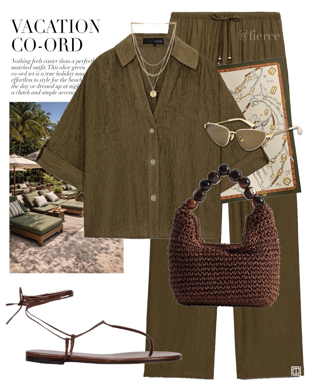 Green co-ord set chocolate brown raffia bag lace up tie sandals silk scarf gold sunglasses resort wear beach holiday outfit 

#LTKuk #LTKtravel #LTKeurope