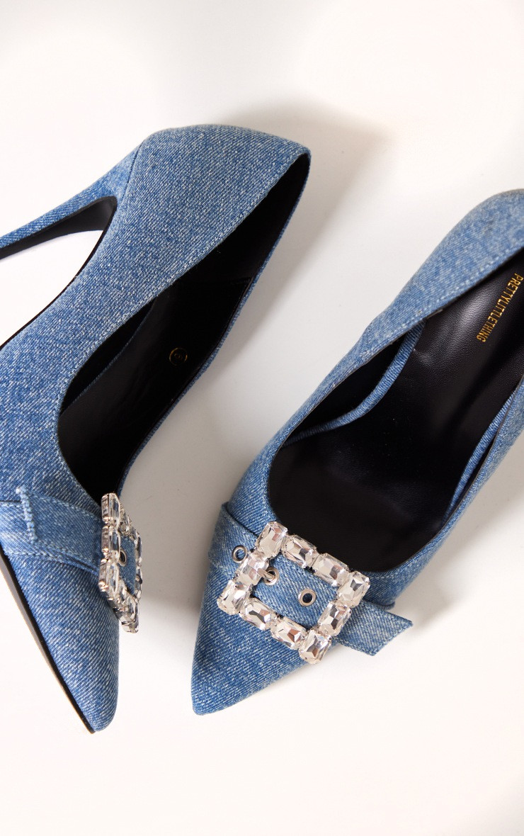 Blue Denim Point Toe Diamante Buckle Heeled Courts | PrettyLittleThing US