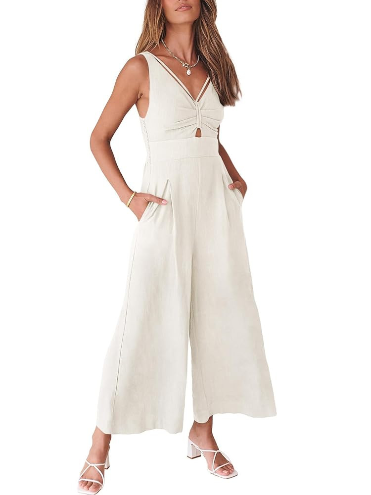 ANRABESS Women's Jumpsuits Summer Wide Leg Sleeveless V Neck Casual Dressy Linen Pants Rompers 20... | Amazon (US)