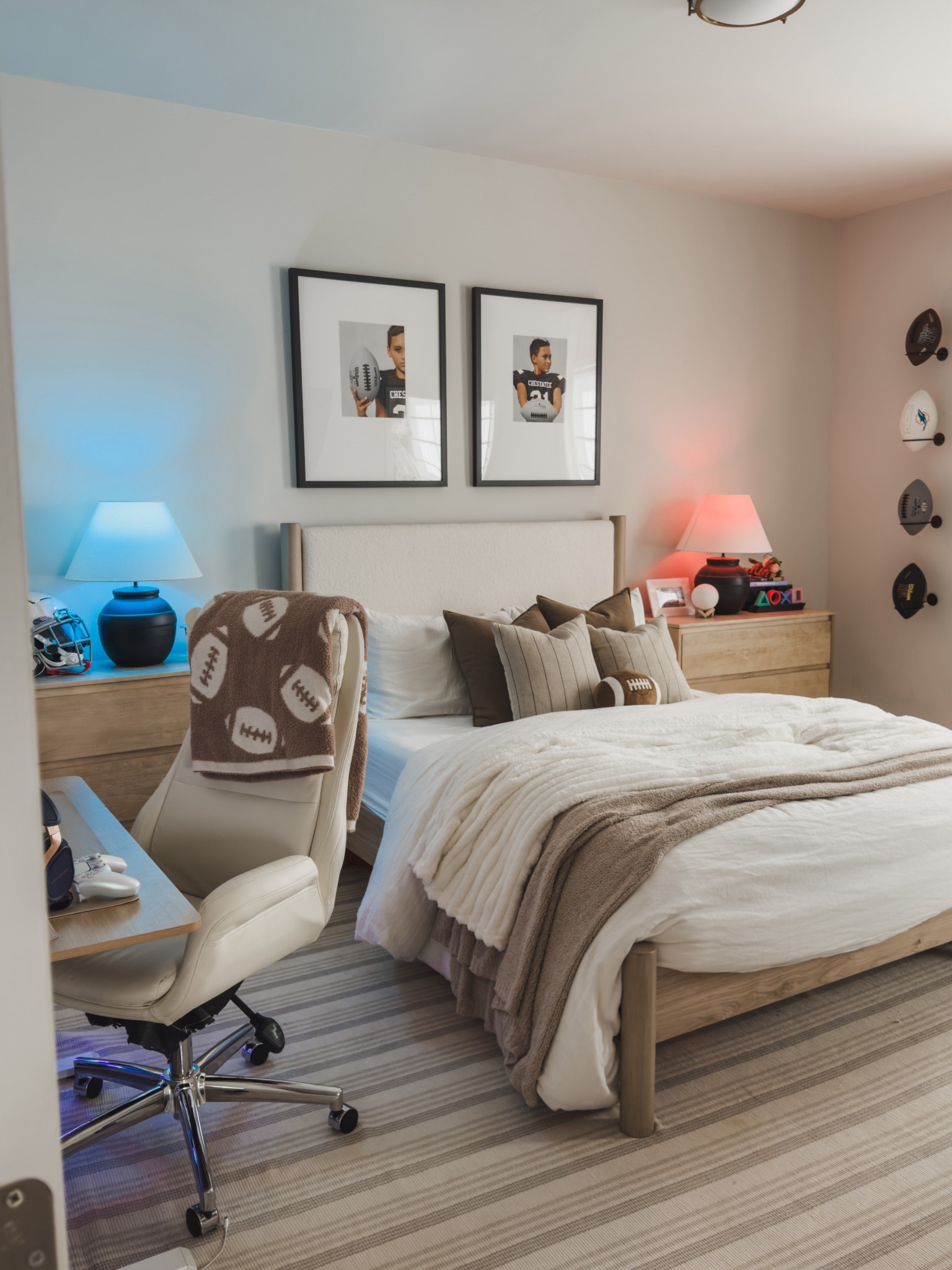 The kids room edit: sharing my son’s bedroom.
I always want a kids room to feel calm and never overwhelming, so we leaned into neutrals and a really simple foundation. From there, we layered in pieces that feel like him — LED lights, footballs, cozy blankets and plushies, and his gaming setup.

We also wanted to invest in furniture he could truly grow with. His bed frame is a mix of boucle and wood, which adds texture while still feeling timeless. His nightstands are actually three drawer dressers, so they offer plenty of storage without taking away from the look. The quality has been great, and I love how the neutral wood tones all work so seamlessly together.



Kids room, teen boy room, neutral style, home inspo, bedroom style, furniture finds, plank and beam, Ashley’s furniture, shop the look! 

#LTKKids #LTKHome #LTKSaleAlert