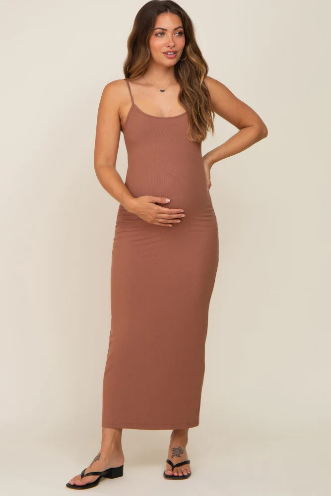 Brown Ribbed Basic Maternity Midi Dress | PinkBlush Maternity
