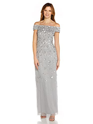Adrianna Papell Women's Off Shoulder Beaded Gown, Silver Mist, 0 | Amazon (US)