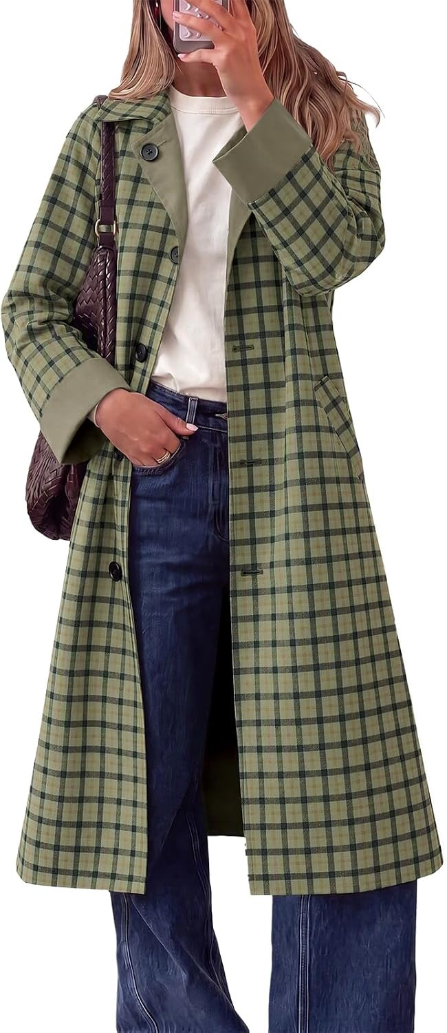 Tankaneo Womens Long Trench Coat Plaid Reversible Windproof Overcoat | Amazon (US)