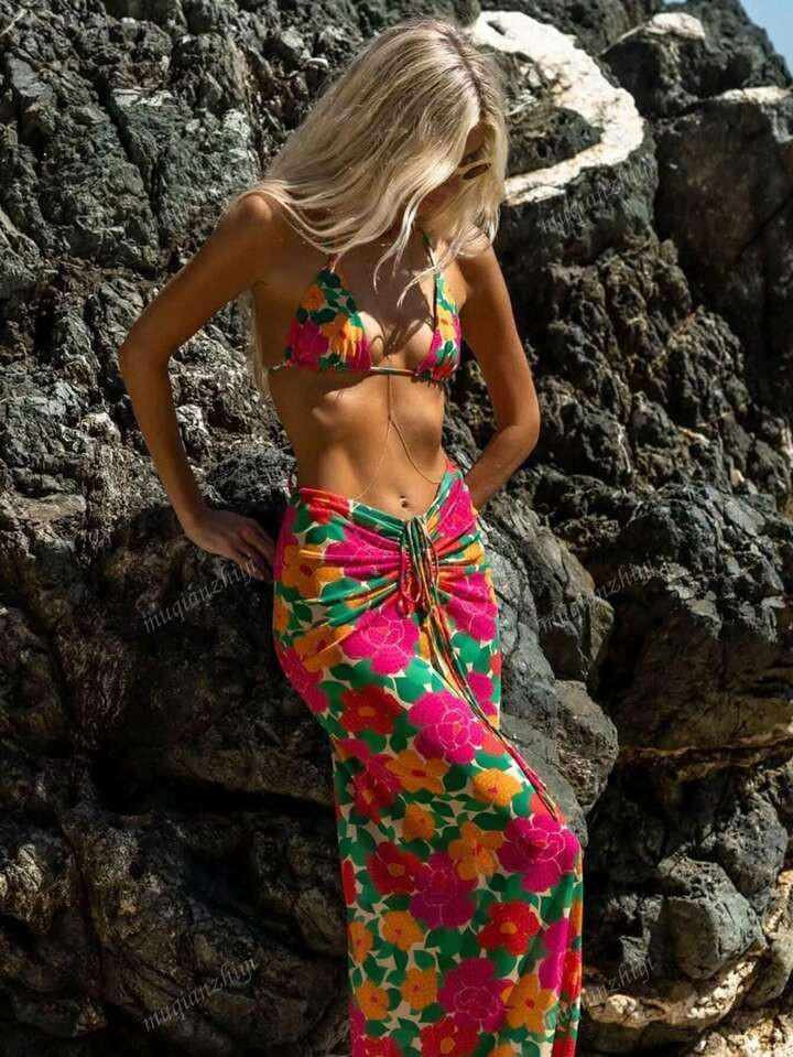 Women's Summer Beach Floral Print Halter Tied Sexy Bikini Swimsuit Set With Cover Up Skirt | SHEIN