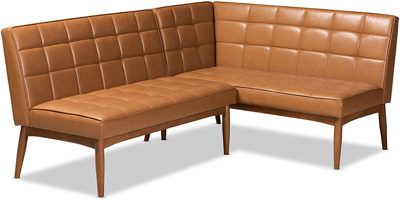 Baxton Studio Sanford Mid-Century Modern Tan Faux Leather Upholstered and Walnut Brown Finished Wood 2-Piece Dining Nook Banquette Set | 1stopbedrooms