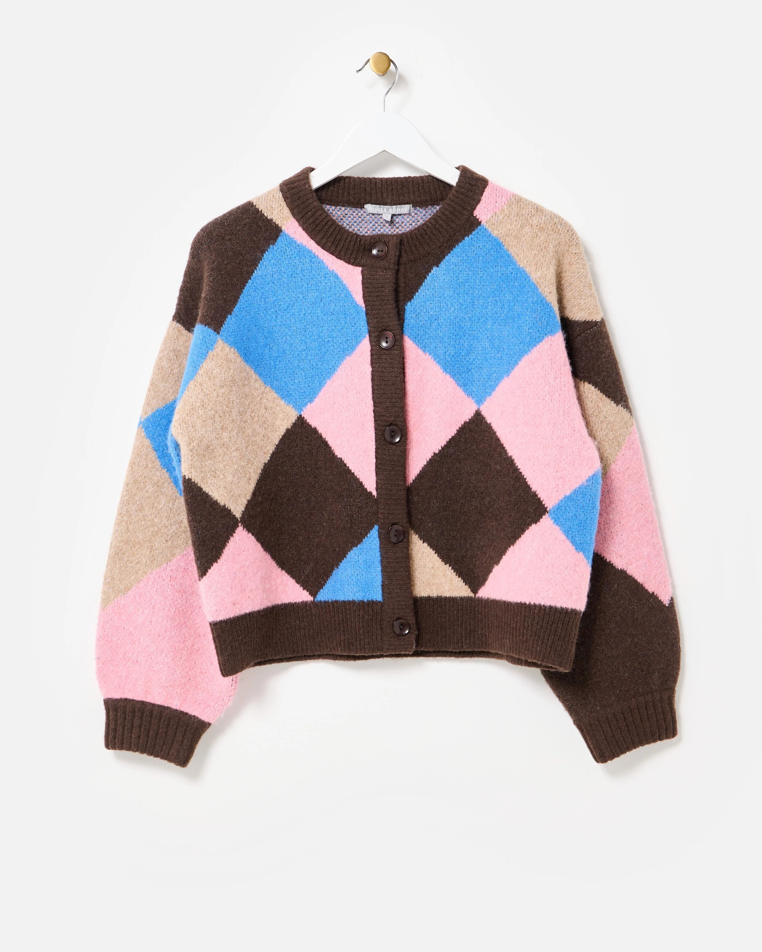 Brown & Blue Diamond Crew Neck Knitted Cardigan | Oliver Bonas | Oliver Bonas (Global)