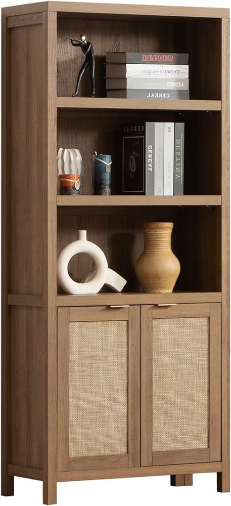SICOTAS Bookcase 5 Tier Bookshelf Rattan Boho Tall Bookcase with Doors Storage Wood Book Case She... | Amazon (US)