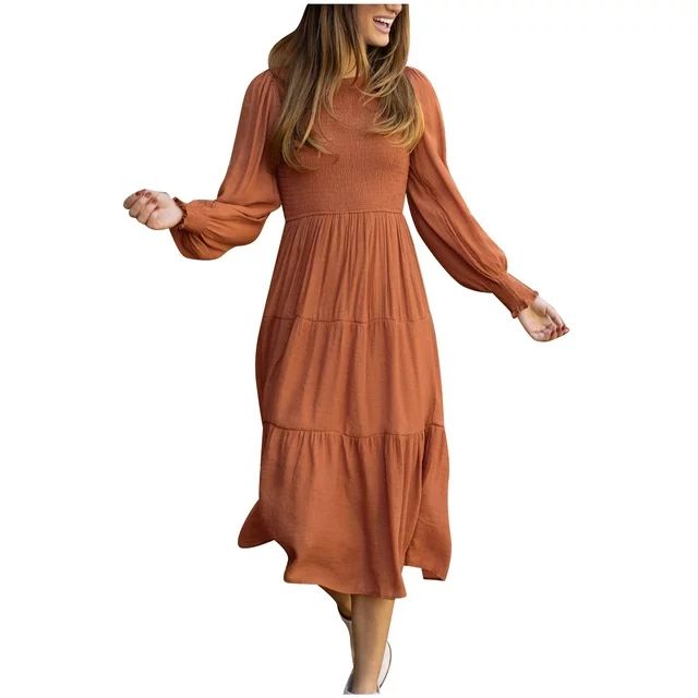 Women's Fall Spring Dresses Crewneck Long Sleeve Ruffle Tiered Boho Dress High Waist A Line Flowy... | Walmart (US)