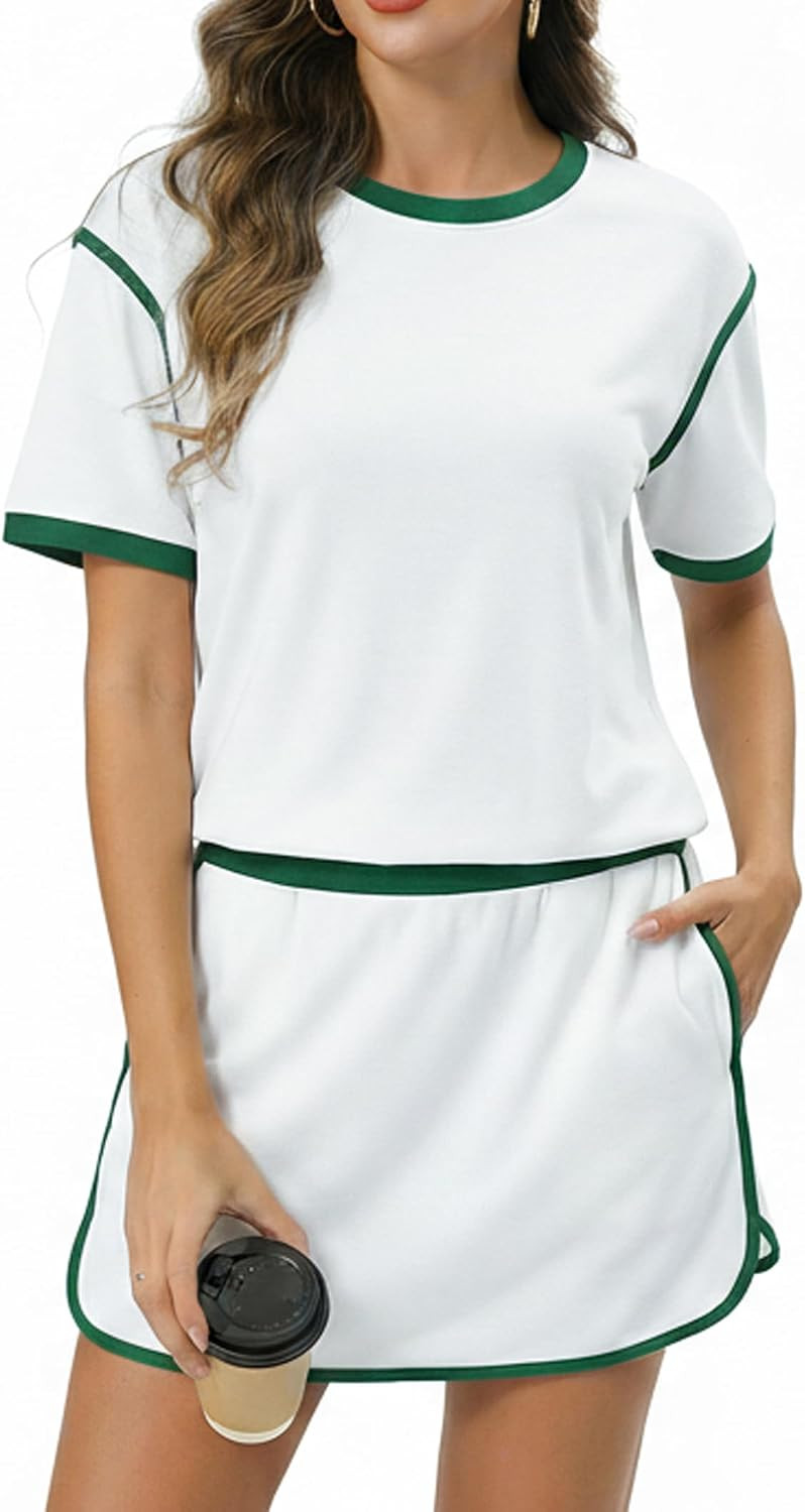 Marvmys Women's Skort Sets 2 Piece Outfits Color Block Short Sleeve T-shirt Skorts Matching Lounge Sets with Pockets | Amazon (US)