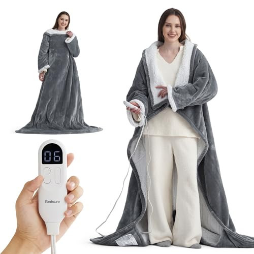 Bedsure Wearable Heated Blanket with Foot Pocket - Electric Snuggle Blanket for Adult with Sleeves, Winter Gifts for Mom Women Girlfriend, Warm Sherpa Heating Throw, Auto Shut Off, 50 x 71+18", Grey | Amazon (US)