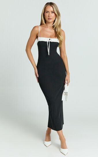 Sheffield Midi Dress - Contrast Tie Front Bodycon Dress in Black | Showpo (US, UK & Europe)