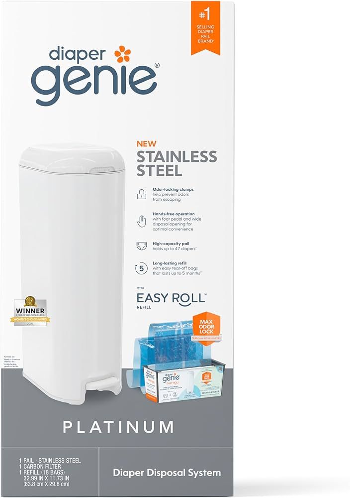 Diaper Genie Platinum Pail (Lilly White) is Made of Durable Stainless Steel and Includes 1 Easy R... | Amazon (US)