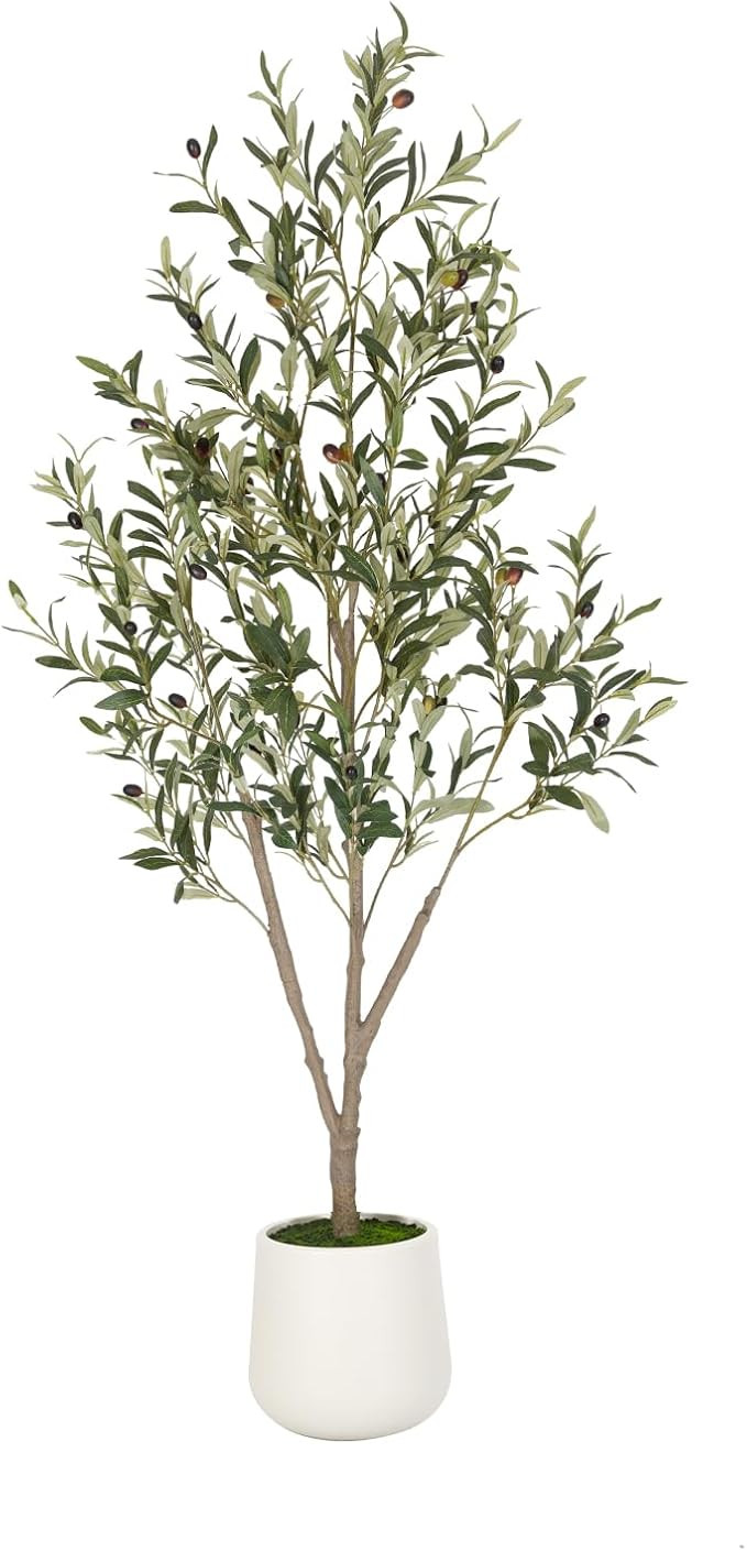 Olive Trees Artificial Indoor, 5 ft Faux Olive Tree with White Planter, Artificial Plants with Na... | Amazon (US)