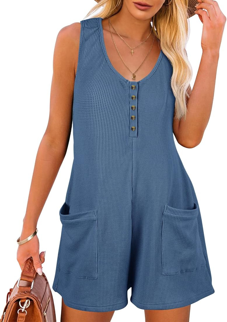 Caramitty Rompers for Women Sleeveless Jumpsuits for Women Button Down Waffle Fabric Summer Vacation | Amazon (US)