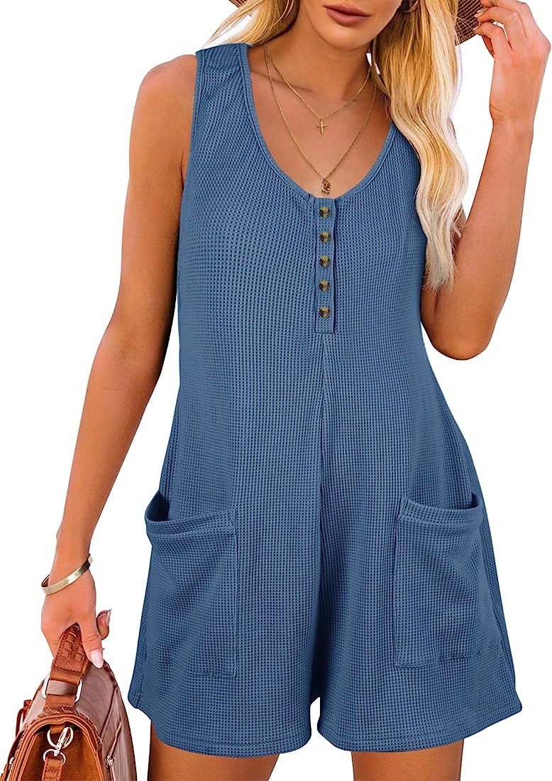 Caramitty Rompers for Women Sleeveless Jumpsuits for Women Button Down Waffle Fabric Summer Vacation | Amazon (US)