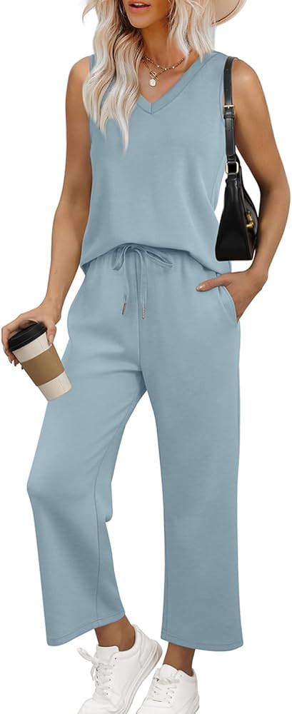 WIHOLL Two Piece Set for Women Summer Outfits Vacation Trendy Lounge Sets V Neck Matching Sets | Amazon (US)