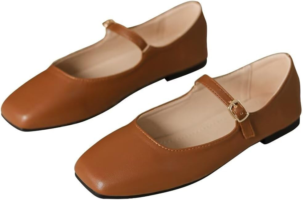 TN TANGNEST Women's Leather Flats Comfortable Square Toe Dress Flats Retro Soft Mary Jane Flats | Amazon (US)
