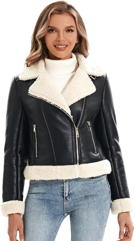 Women's Faux Shearing Moto Jacket Thick Fur Lined Coat Sherpa Leather Jacket | Amazon (US)