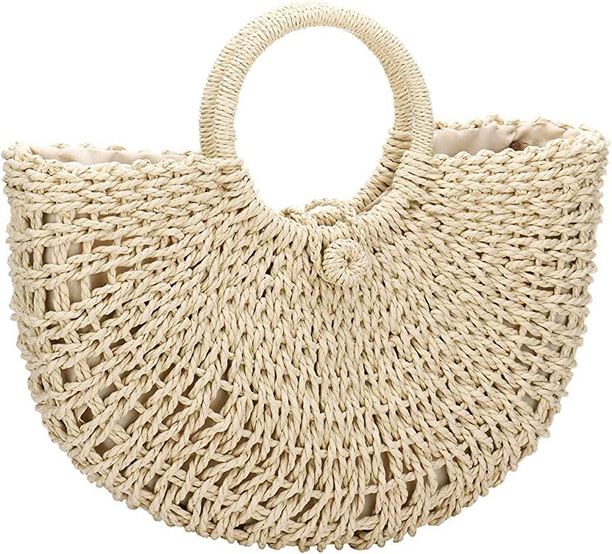 Straw Bags for Women,Hand-woven Straw Top-handle Bag with Round Ring Handle Summer Beach Rattan T... | Amazon (US)