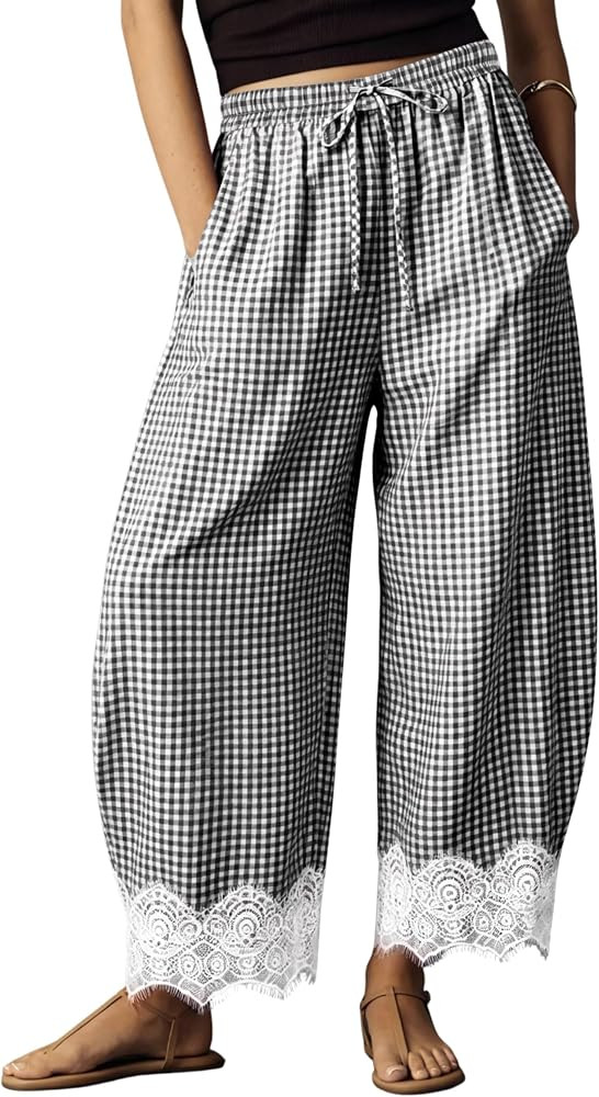 Womens Lace Trim Gingham Barrel Pants Wide Leg Elastic Drawstring Waist Lounge Pants Plaid Trouse... | Amazon (US)