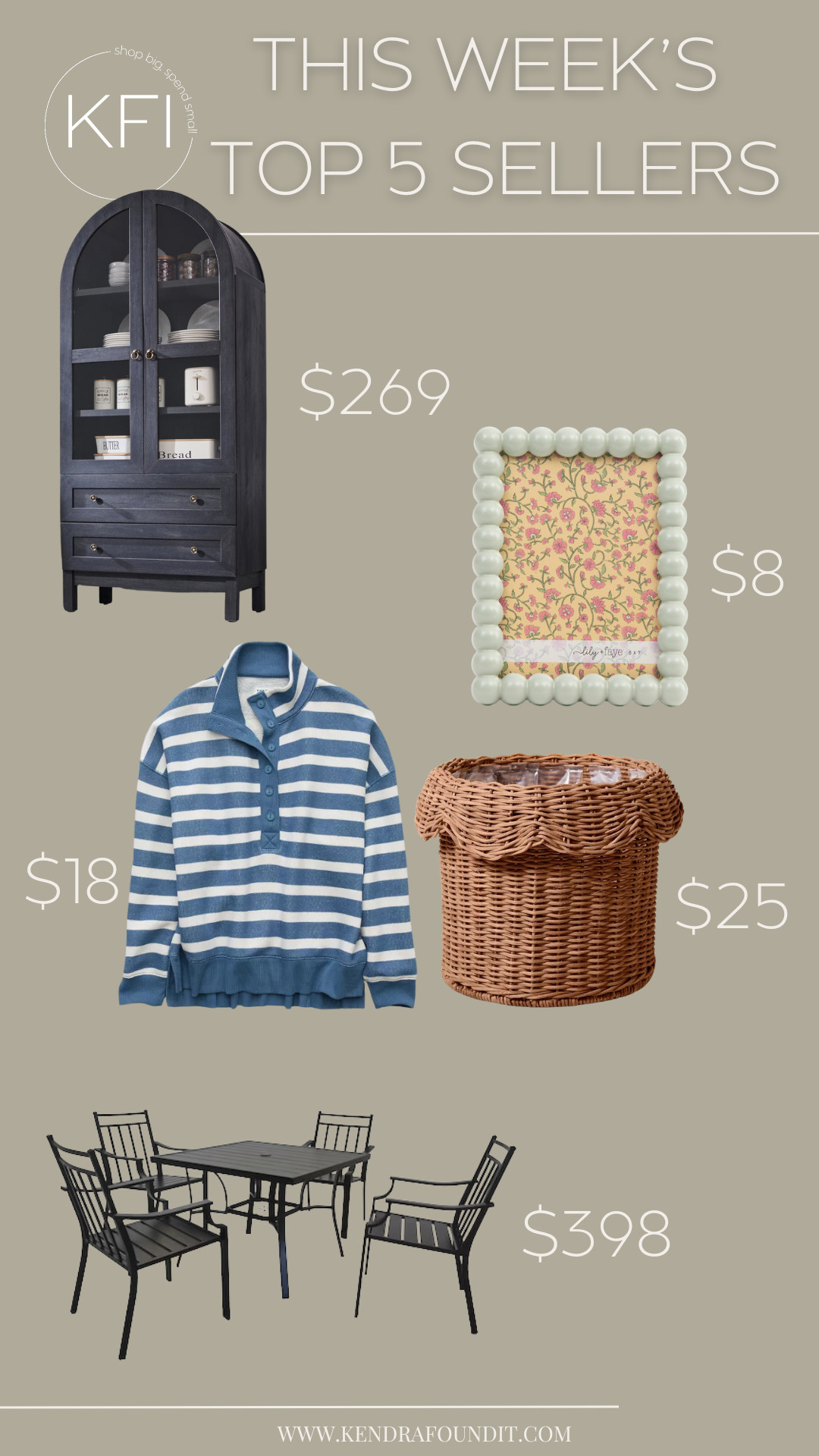 This week’s top sellers are SO good — and all at amazing prices! 🎉 If you love mixing affordable finds with classic style, you’re in the right place. 🛒

✨ The #1 best seller: this arched black cabinet from Walmart — perfect for kitchen, dining room, or living room storage. It’s under $270, gets excellent reviews, and comes in multiple colors!

✨ Next up: this adorable pearl beaded picture frame — only $8! Such a cute and affordable way to add a little charm to your shelves or nightstand.

✨ This striped henley pullover is a closet staple! Under $20, super comfy, and perfect for spring layering. 

✨ The scalloped wicker planter is such a favorite for garden, but also for organizing toys, laundry, or even as a  cute garbage can. At just $25, it’s a STEAL for this quality and style.

✨ And finally, this black metal outdoor dining set — only $398 for the full table and four chairs! A perfect patio refresh without the high price tag.

I share the BEST finds every week and deals of the day — so if you love affordable furniture, home decor, fashion, and outdoor deals, follow along! 🖤 #walmartfinds #affordablehomedecor #budgetfriendlystyle  

 #LTKHome #LTKSaleAlert #LTKStyleTip