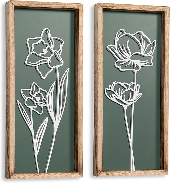 3D Floral Green Wall Art (Set of 2) Lightweight, Wooden Ready-to-Hang Boho Framed Wall Art for Ba... | Amazon (US)