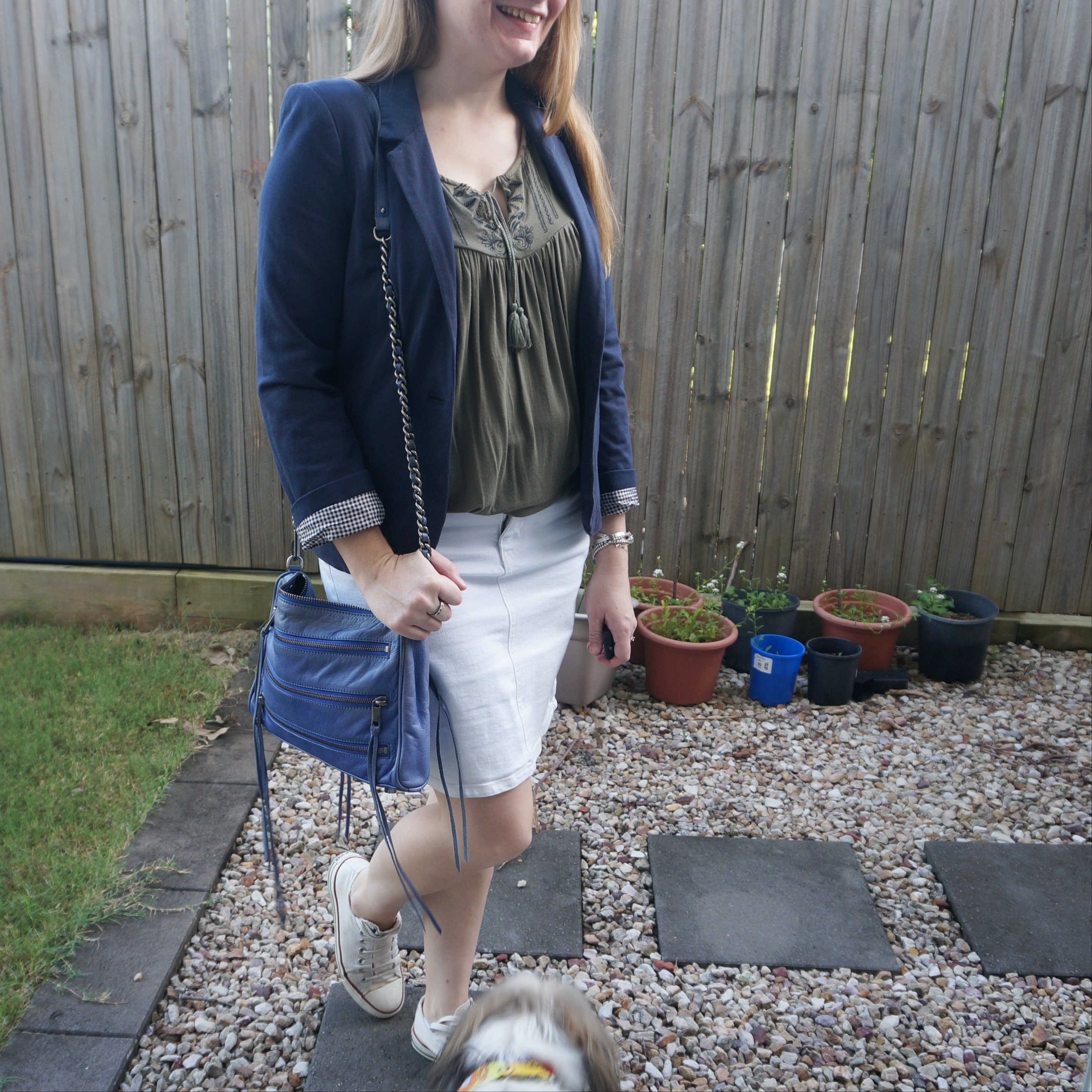 White denim skirt dressed up with a blazer for a day in the office. Photo bomb from Cooper!

#LTKworkwear #LTKaustralia