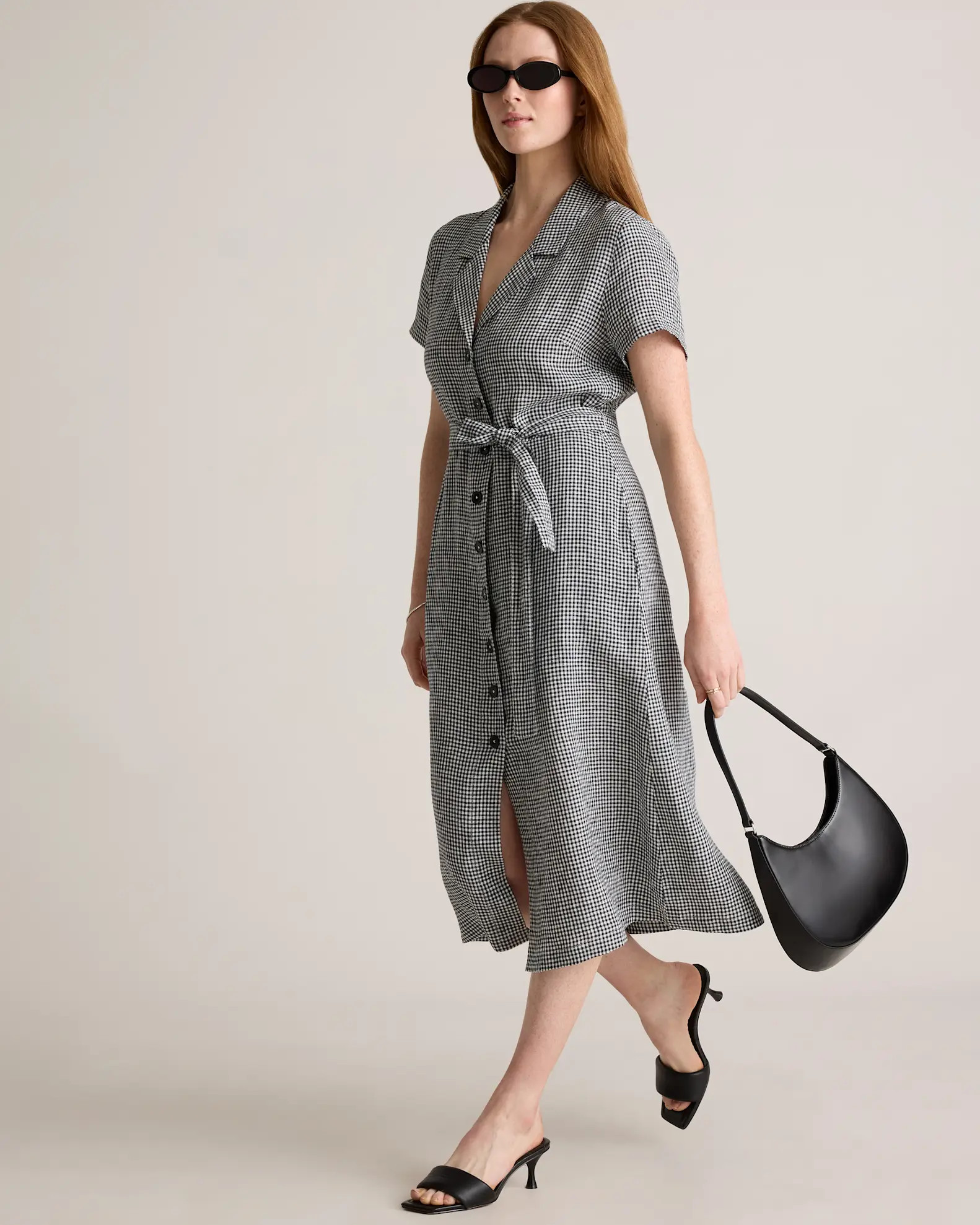 100% European Linen Button Front Dress in Classic Mini Gingham | Quince