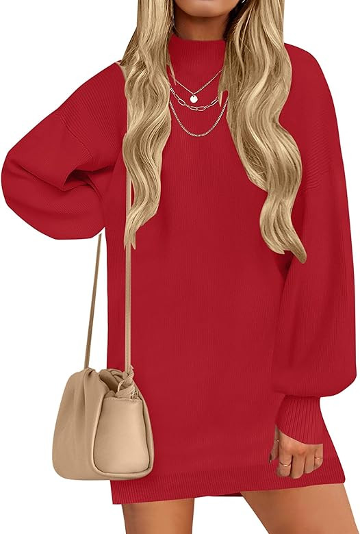 ZESICA Women's 2024 Fall Turtleneck Sweaters Dress Oversized Long Lantern Sleeve Casual Knit Pull... | Amazon (US)
