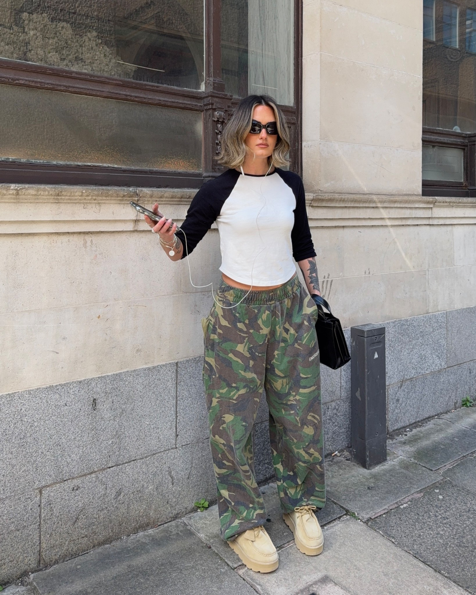 Joggers, camo pants, raglan tshirt, Clarks wallabees

#LTKspring #LTKshoes #LTKuk
