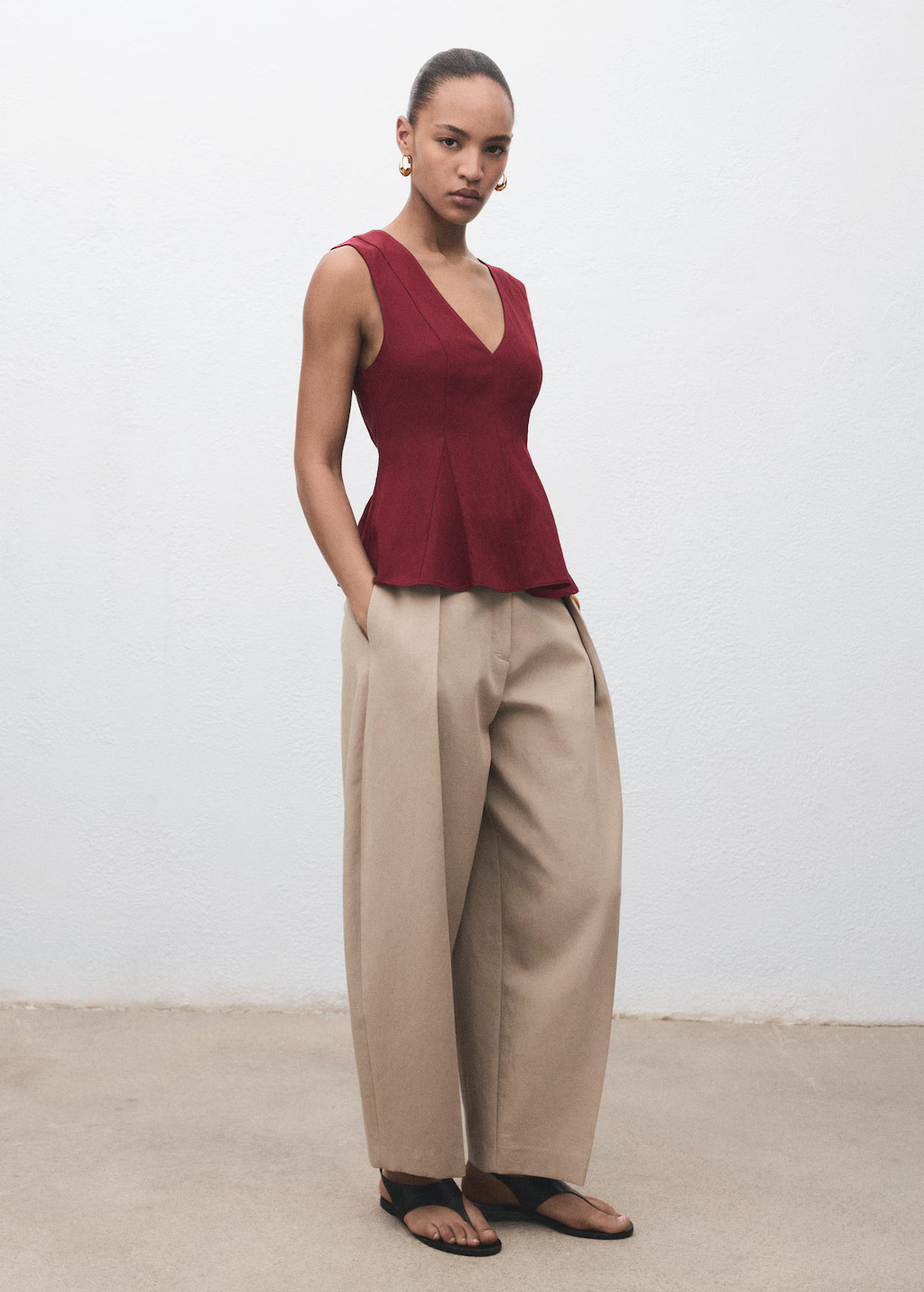 Lyocell peplum top burgundy - Woman - M - MANGO | Mango (US/MX/AU)