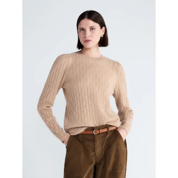 Free Assembly Women's Cashmere Cable Knit Sweater with Puff Sleeves, Midweight, Sizes XS-XXL | Walmart (US)