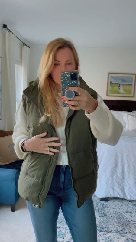 Cozy & warm oversized, quilted vest in olive green. I’m in my normal size and it’s currently 20% off!

Cropped sweater is worth splurging on & these classic straight leg jeans are the best ones I have found over the past few years. Wearing my normal size in both
Holiday sale, Black Friday sale finds, winter outfit, cozy holiday outfit idea 

#LTKSeasonal #LTKfindsunder50